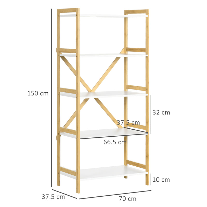 Scaffalatura a 5 Piani 70x37,5x150 cm in Bamboo e MDF Bianco