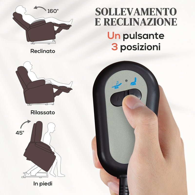 Poltrona Alzapersona Reclinabile con Poggiapiedi e Telecomando 76x90x105 cm Marrone  