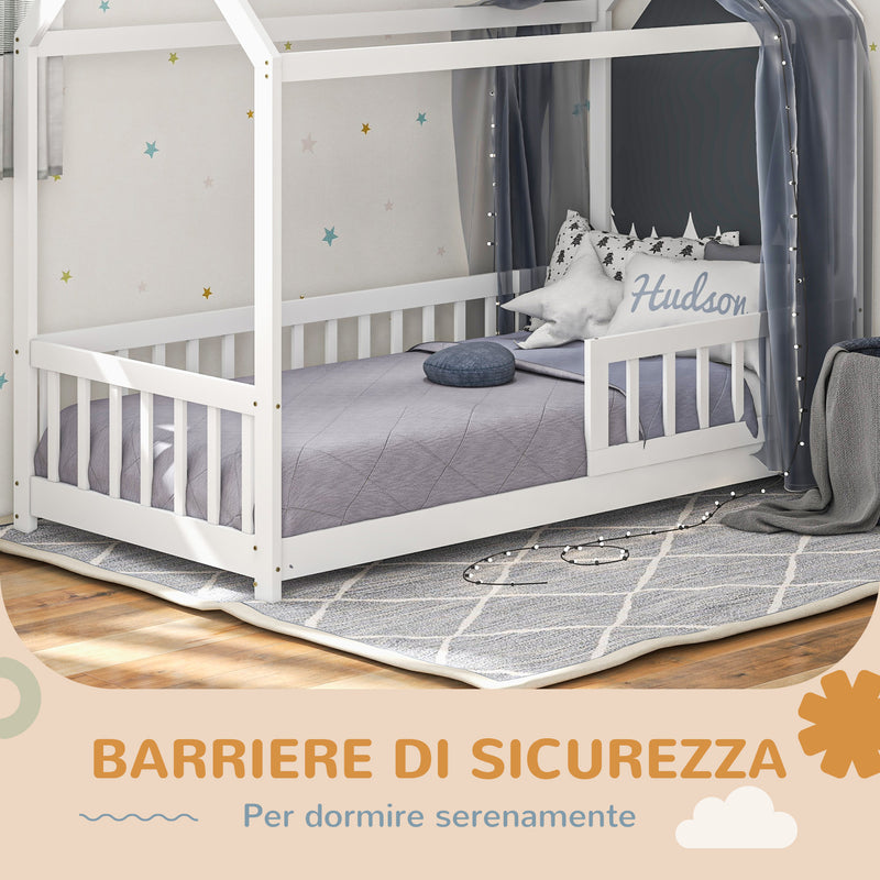 Letto Singolo per Bambini Casetta 96x195x165 cm con Doghe e Recinzione in Legno di Pino Bianco 
