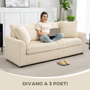 Divano 3 Posti con Molle Insacchettate e 2 Cuscini 212x80x88 cm in Velluto a Coste Bianco Crema  