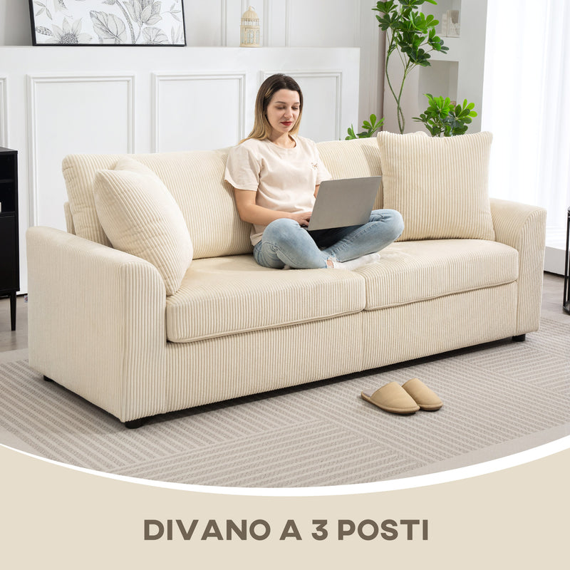 Divano 3 Posti con Molle Insacchettate e 2 Cuscini 212x80x88 cm in Velluto a Coste Bianco Crema  