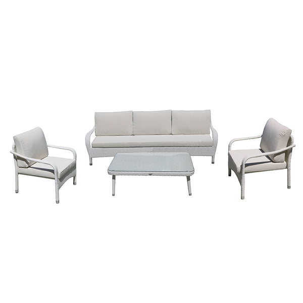 prezzo Gartengarnitur, Tisch, Sessel und 3-Sitzer-Sofa aus Polyrattan mit weißen Adami-Adila-Kissen
