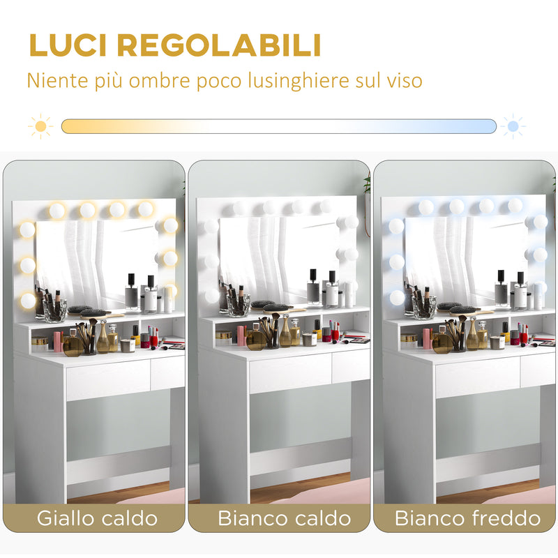Consolle Trucco con Specchio e 10 Luci LED Stile Hollywood 80x40x135 cm in Melamina Bianco  