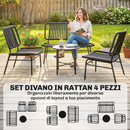 Set 4 Pezzi Salotto da Giardino con Divano 2 Sedie con Tavolino in  Rattan e Metallo Nero      
