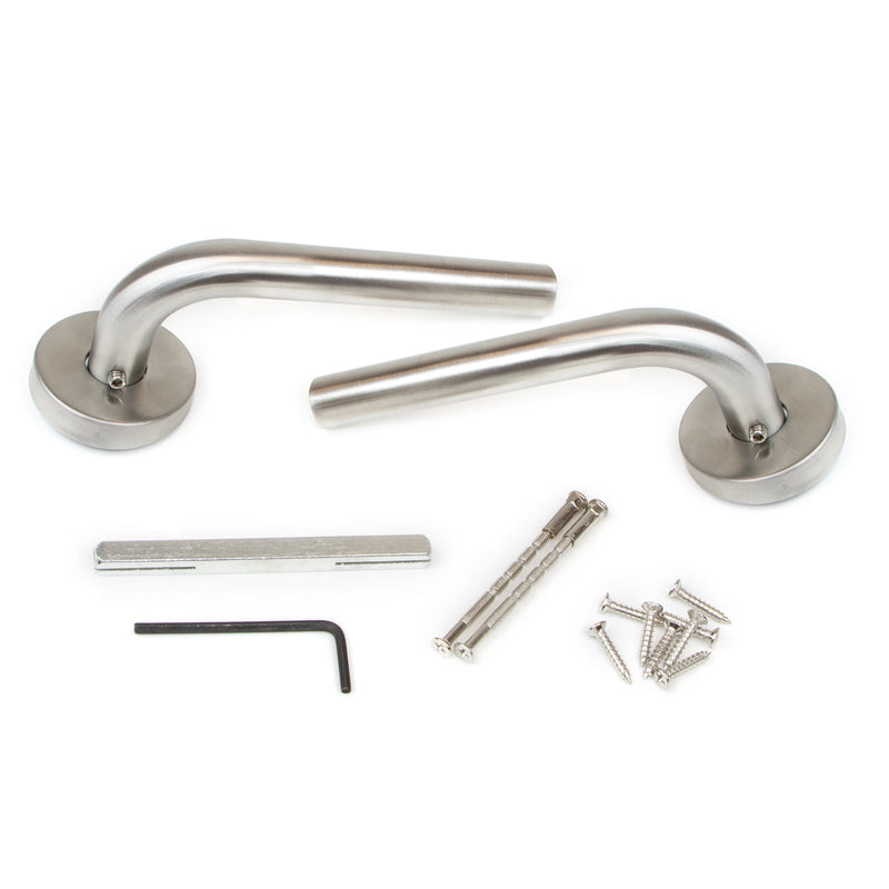 Maniglie per Porta da Interno con Rosetta Ø53 mm Modello L Acciaio Nickel Satinato. Emuca