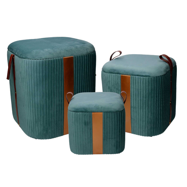 online Set 3 Pouf Contenitore in Tessuto Velluto Verde Salvia
