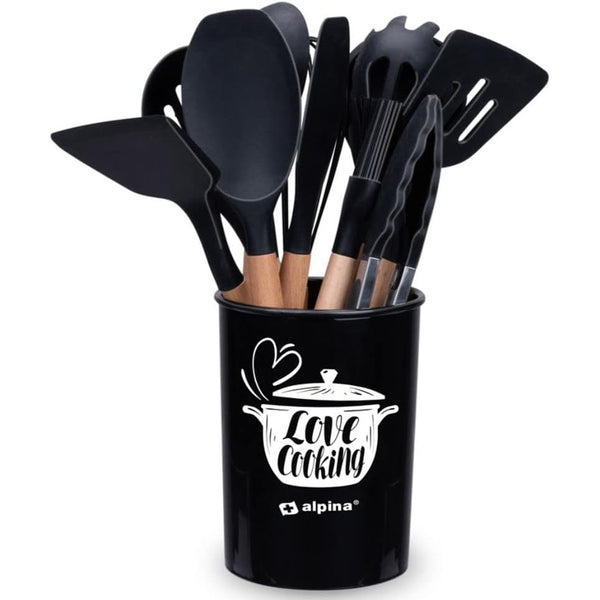 Set 12 Utensili da Cucina con Supporto in Silicone e Manico Legno Nero prezzo