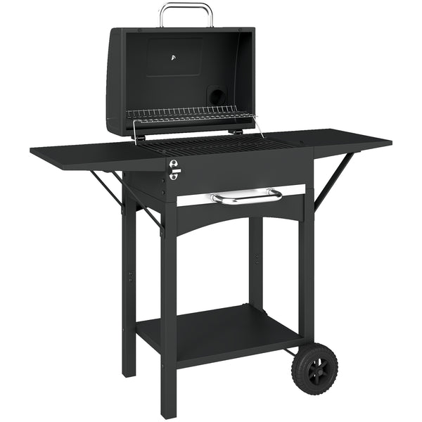 Barbecue a Carbone 110x46,5x101 cm con 2 Ripiani Laterali Termometro Coperchio e Ruote in Metallo e Acciaio Nero online