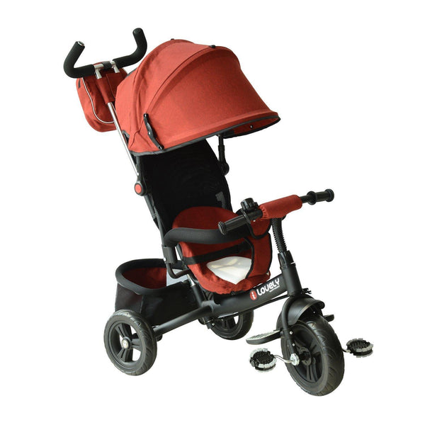 online Dreiradkinderwagen für Kinder mit Griff und schwarzem und rotem Verdeck