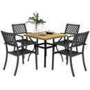 Set Tavolo e 4 Sedie da Giardino Piano Effetto Marmo e Sedie Impilabili con Braccioli Marrone