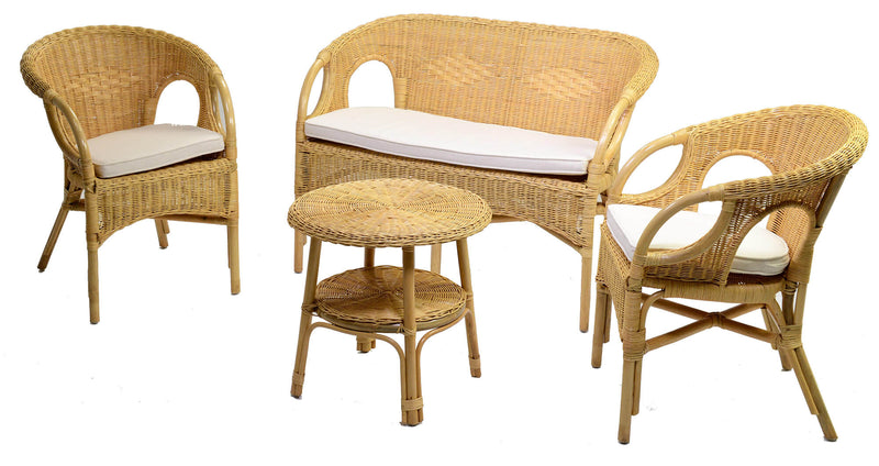 Set Salotto da Giardino Divano 2 Poltrone e Tavolino in Rattan Mandolino Miele