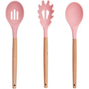 Set 12 Utensili da Cucina con Supporto in Silicone e Manico Legno Rosa      