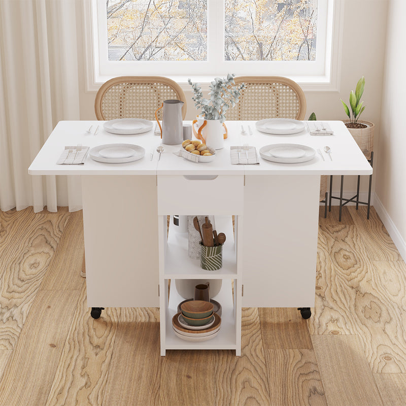 Tavolo Pieghevole Salvaspazio Anta a Ribalta 120x77x75 cm con Ruote in Legno Bianco      