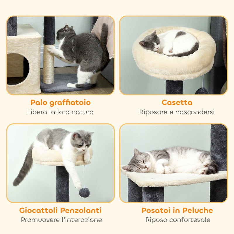 Albero Tiragraffi per Gatti Alto 92 cm con Casetta Lettino Pali in Sisal e Pallina Bianco Crema      