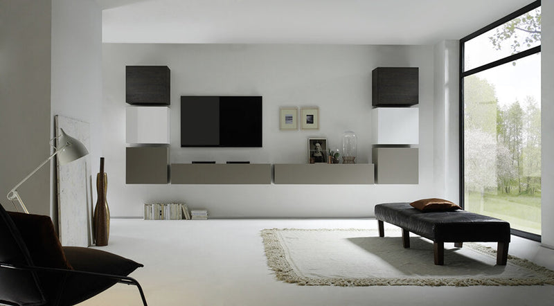 Parete Attrezzata Mobili Soggiorno 8 Mobili Sospesi in Melamina 16,3x40,7x3,1cm TFT Cube Bianco e Grigio e Wengè