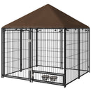 Recinto per Cani con Porticina per Ciotole 141x141x151 cm in Metallo e Tessuto Oxford Nero e Marrone