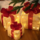 Set 3 Pacchi Regalo Natalizi Luminosi 25-20-15 cm con Stelle e 48 LED Bianco Caldo in Filo di Cotone Bianco      