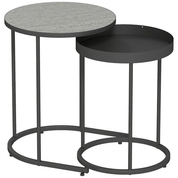 Set 2 Tavolini da Salotto Impilabili in Stile Industriale Ø42x54 cm e Ø36,5x48,5 cm in Legno e Metallo Grigio e Nero acquista