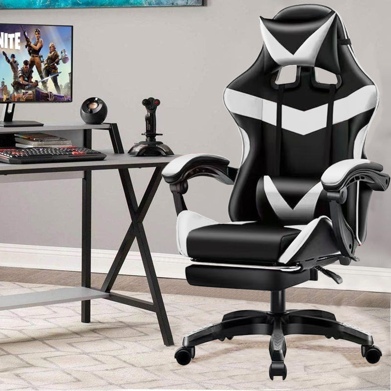 Sedia da Gaming Ergonomica con Poggiapiedi e Cuscini in PVC Bianco e Nero      