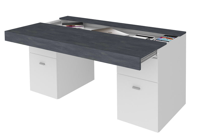 Scrivania 2 Ante 2 Cassetti 130x60x75 cm Sliding Bianco Lucido e Ardesia