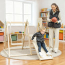 Gioco Arrampicata 5 in 1 Pieghevole 140x172,5x116,5 cm con Scivolo 2 Pareti Altalena e Canestro in Legno      
