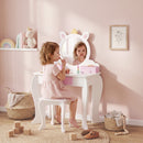 Set Toeletta Trucco Bambina 55x34x87 cm con Sgabello Specchio in Acrilico 2 Scatole Portaoggetti Design Unicorno in MDF Rosa      