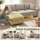 Divano Angolare 3 Posti 235x80x85 cm con Contenitore Poggiapiedi Rimovibile e 2 Cuscini in Tessuto Effetto Lino Beige      