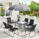 Set 8 Pezzi da Giardino con Ombrellone 6 Sedie Pieghevoli e Tavolo da Esterno in Vetro Temperato Nero      