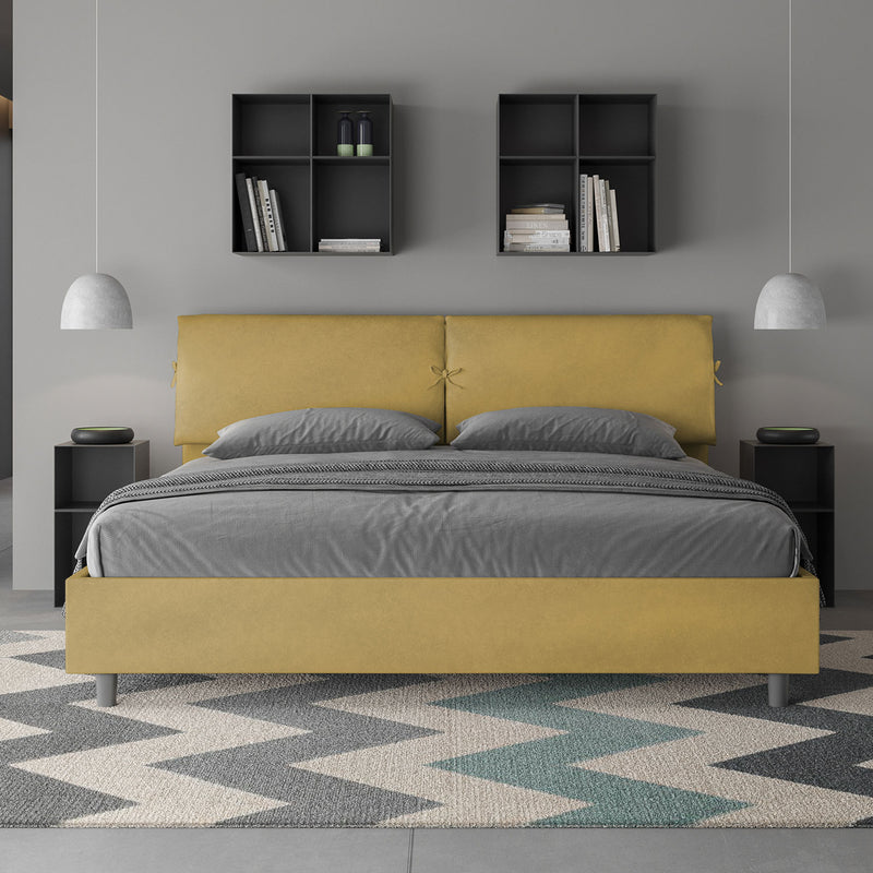 Letto Matrimoniale Testata con Cuscini Imbottito in Microfibra Mados Ocra Varie Misure