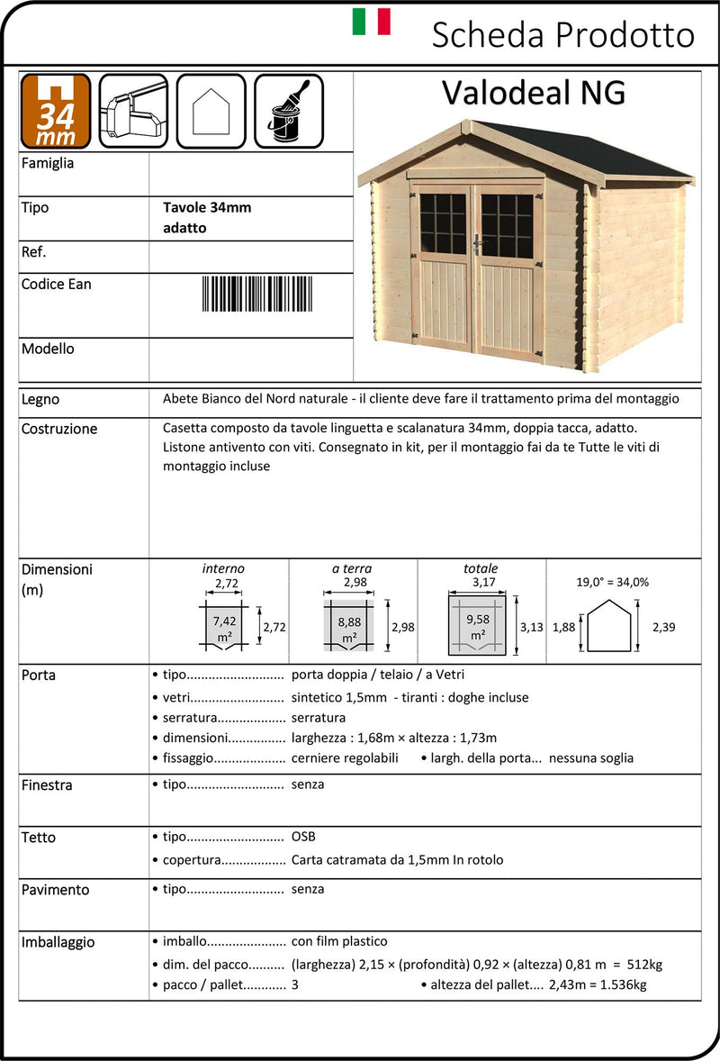 Casetta Box da Giardino per Attrezzi 2,98x2,98m Senza Pavimento in Legno Abete 34mm Valodeal NG