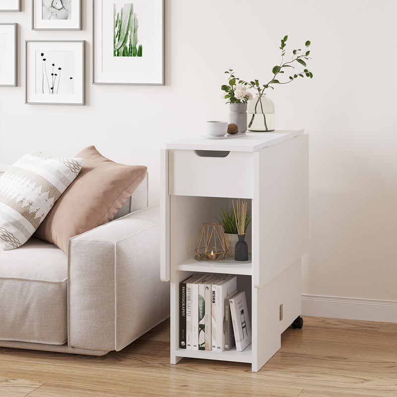 Tavolo Pieghevole Salvaspazio Anta a Ribalta 120x77x75 cm con Ruote in Legno Bianco      