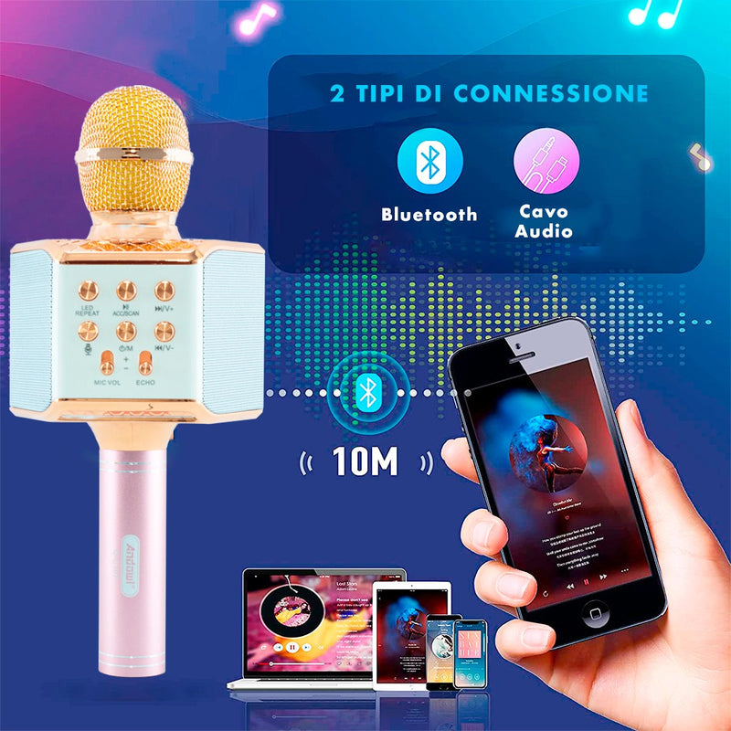 Microfono Karaoke Wireless con Luci Led Registra Canta e Riproduce Musica Rosa