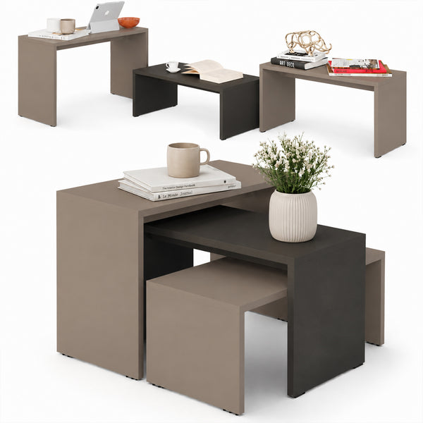 Set 3 Pezzi Tavolini Caffe Rettangolare a Incastro in Legno MDF Moka e Antracite sconto