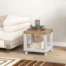 Tavolino da Soggiorno 40x40x40 cm con Rotelle e Mensola Aperta in Legno Naturale e Bianco      