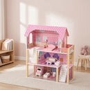 Casa delle Bambole per Bambini 3-6 Anni 59x23,6x69,5 cm a 3 Piani con 10 Mobili e 6 Stanze in MDF e Legno di Pino Rosa      