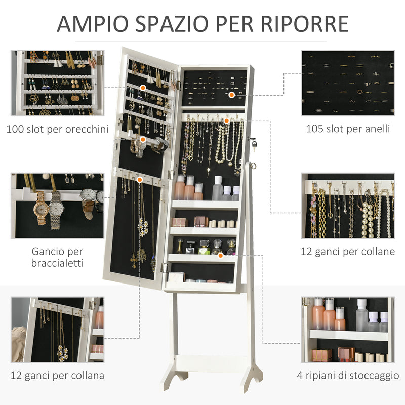 Specchio con Armadietto Portagioielli da Terra 46x36,5x151,5 cm con Serratura e Organizer in MDF Bianco  