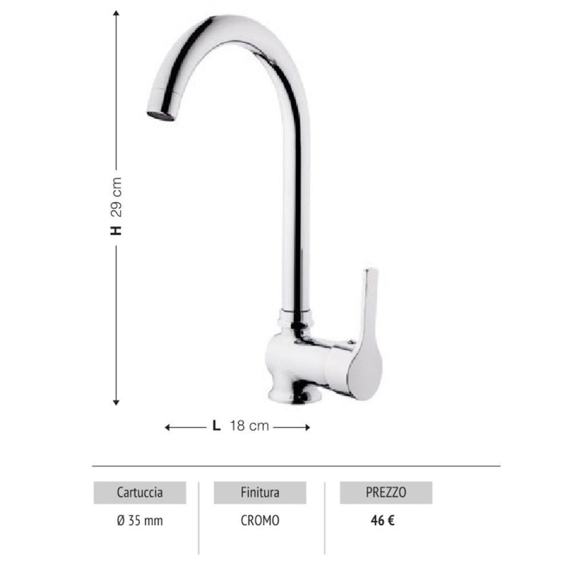 Rubinetto Cucina Miscelatore Monocomando Lavello Canna Tonda in Ottone Bluevye Cromato