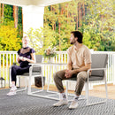 Set da Esterno 3 Pezzi Tavolo con Piano in Vetro e 2 Sedie con Cuscini Bianco   