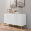 Credenza Moderna 4 Ante con Chiusura Ammortizzata e Mensole Regolabili 140x40x75 cm in Truciolato e Metallo Bianco e Oro