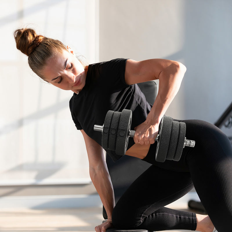 Set 2 Manubri da 25Kg Totali con 12 Dischi in Acciaio e PU Nero    