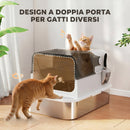Lettiera per Gatti Chiusa 52L con Coperchio Ribaltabile Doppia Porta Paletta in Acciaio Inox Bianco      