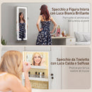Armadietto Portagioie da Parete o Porta 37x10,5x108 cm Specchio Interno e Luci LED con Serratura e Chiave in MDF Bianco      
