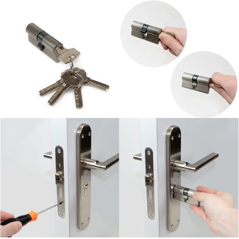Cilindro Serratura per Porta 30+30 mm Leva Lunga 5 Chiavi Alluminio Nichel Satinato Emuca
