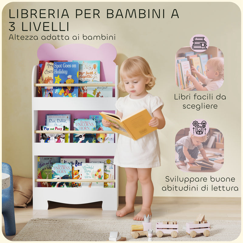Libreria per Bambini 55x15x110 cm a Forma di Orsetto a 3 Ripiani con Barriere Frontali in MDF e Legno Rosa  