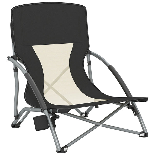 Sedia da Spiaggia Pieghevole 58x55x62 cm con Schienale a Rete e Portabicchieri in Metallo e Tessuto Oxford Nero prezzo