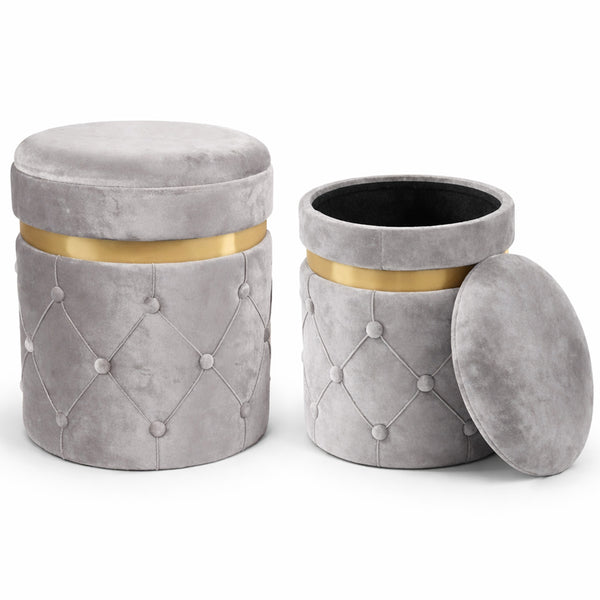 Set 2 Pouf Contenitori 38x44 cm e 31x38 cm con Design Trapuntato in Velluto Grigio acquista