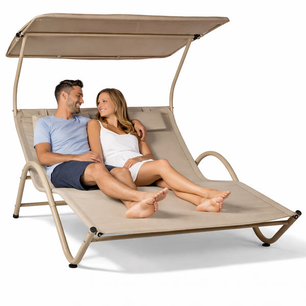 Lettino Lounge 2 Posti da Esterno 200x145x135 cm Tetto Parasole Anti UV Telaio Tubolare Sabbia sconto