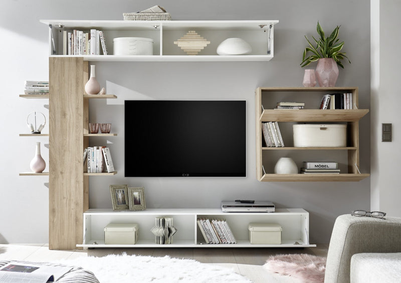 Parete Attrezzata Mobili Soggiorno Mobile TV Libreria 2 Pensili TFT Akira 1 Bianco e Cemento