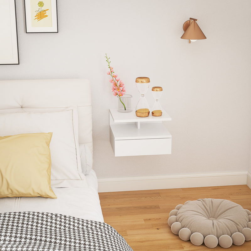 Comodino Sospeso per Camera da Letto 35x32x22,5 cm con Cassetto in Legno Bianco  