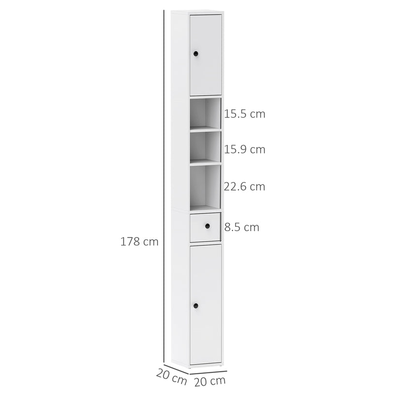 Colonna Bagno Salvaspazio 20x20x178 cm con Armadietti Ripiani Aperti e Cassetto in Legno Bianco  